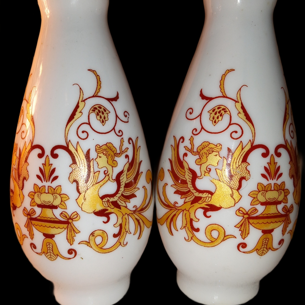 Vintage French Style Opaline Milk Glass Bud Vases Gold Enamel Pair 4"